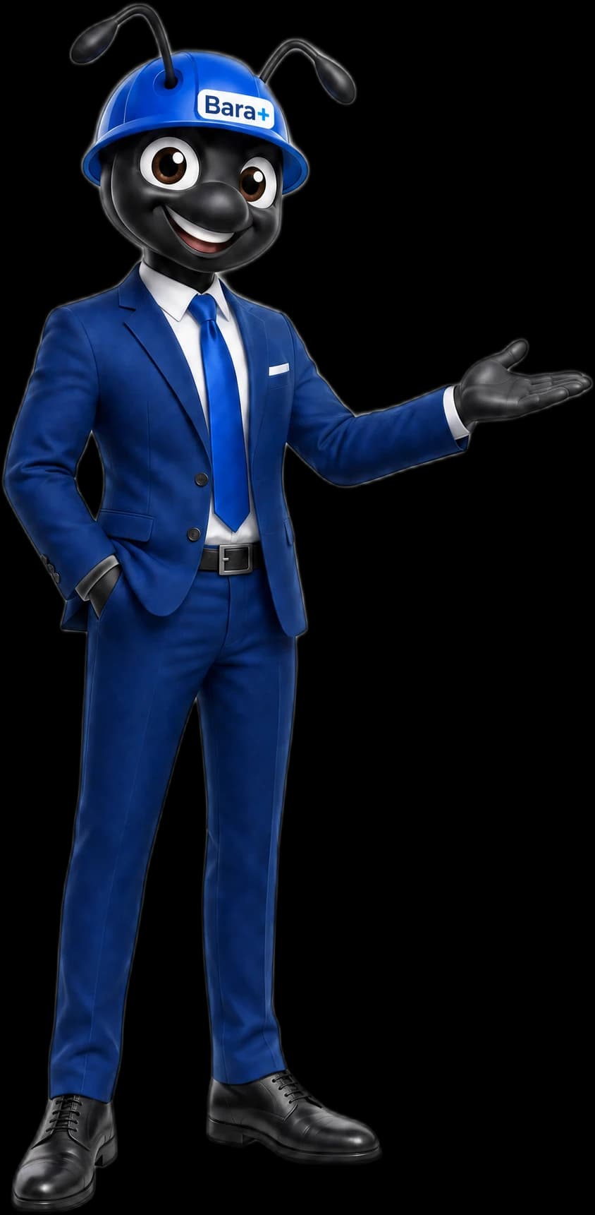 Mascotte Bara+ en costume présentant la mission de l'entreprise