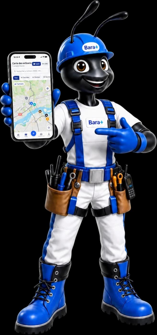 Mascotte Bara+ présentant l'application sur un téléphone